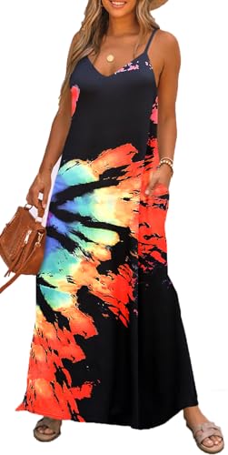 Image of Bluetime Women Summer Spaghetti Strap Maxi Dress V-Neck Sleeveless Flowy Boho Floral Beach Long Dress with Pockets