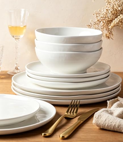 Image of LERATIO Ceramic Dinnerware Sets for 4,Porcelain Plates and Bowls Sets with Wavy Edge,Microwave & Dishwasher & Oven Safe,Light Weight & Scratch Resistant Dishes Sets