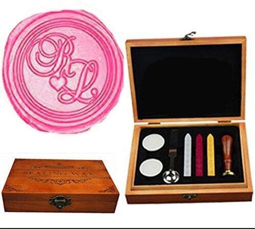 Sceau cire monogramme mariage cœur en coffret bois de rose et perles rouges