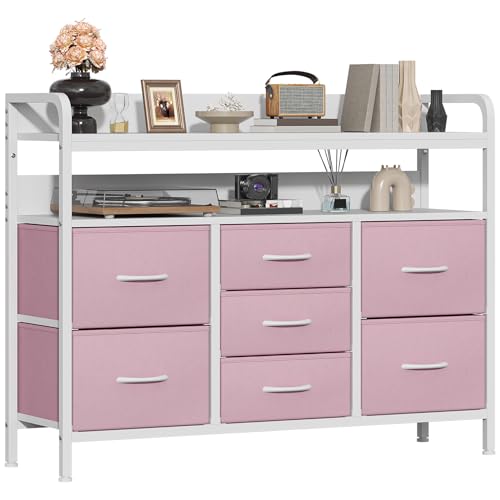GoaHi Chest of Drawers Bedroom, 7 Fabric Drawers with 2 Layers Shelf, Storage Organizer Unit for Bedroom Living Room Closet, Sturdy Steel Frame & Wooden Top, Fabric Dresser, Pink