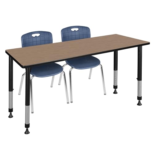Regency Kee 72 x 24 in. Adjustable Classroom Table- Noble Oak Top, Black Base & 2 Andy 18 in. Blue Stack Chairs