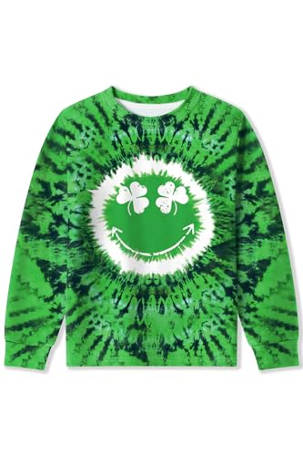 Image of Unisex Kids St. Patrick's Tie Dye Irish Clover Long Sleeve Shirt Shamrock Green Sweatshirt 6-14 Years