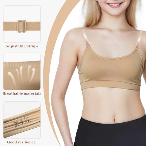 DANSHOW Girls Dance Bra Seamsless Nude Bras for Teens Girl with 2 Pairs of Clear Straps, Silicone Pads4