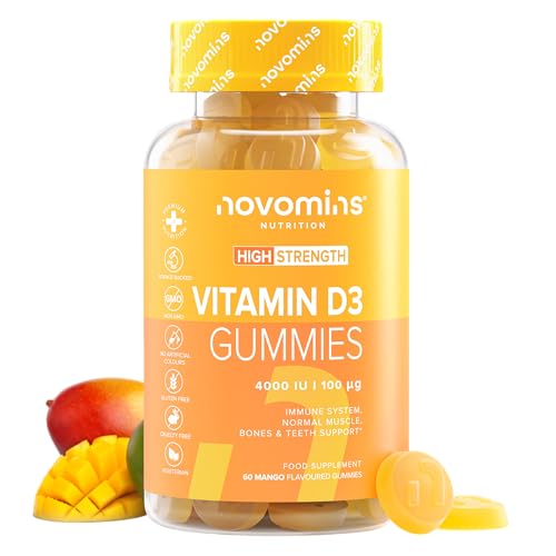 Vitamina D3 4000 UI - 60 Gominolas de Vitamina D - Sin Gluten y Vegetarianas - para el Sistema Inmunitario, Huesos, Dientes y Músculos - Vitamin D Gummies - para 1 Mes - Novomins