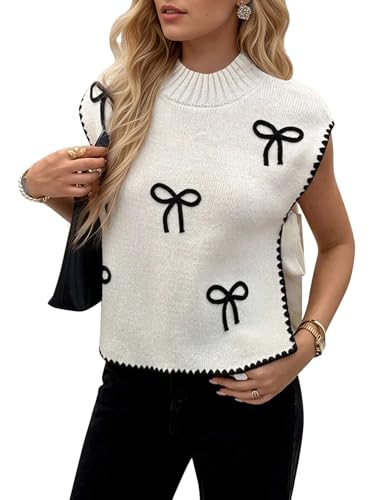 Womne Side Tie Bow Sweater Vest Mock Neck Sleeveless Loose Fit Turtleneck Color Block Lightweight Knit Pullover Top