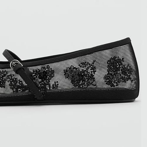 Trendenzy Womens Mesh Ballet Flats Shoes Embroidered Floral Mary Jane Flat Round Toe Ankle Strap Ballerina Shoes4