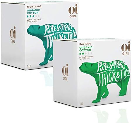 Oi Girl Certified Organic Cotton Pads, 1 Box of 10 Day Pads and 1 Box of 10 Night Pads, Ultra-Thin and Winged, Individually-Wrapped