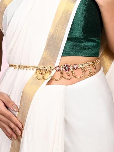 Image of Peora Traditional Gold Plated Rani Pink Green Synthetic Stone Studded Belly Chain Kamarband Ethnic Fashion Jewellery for Women Girls