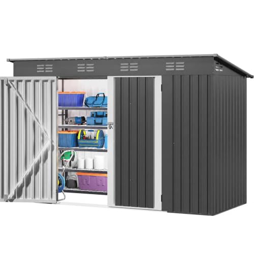 Image of DWVO 9x4ft Large Outdoor Storage Shed with Lockable Doors & Air Vent | Metal Tool Sheds, Heavy Duty Tool Storage for Backyard Patio Lawn to Store Bikes, Tools, Lawnmowers, Dark Gray