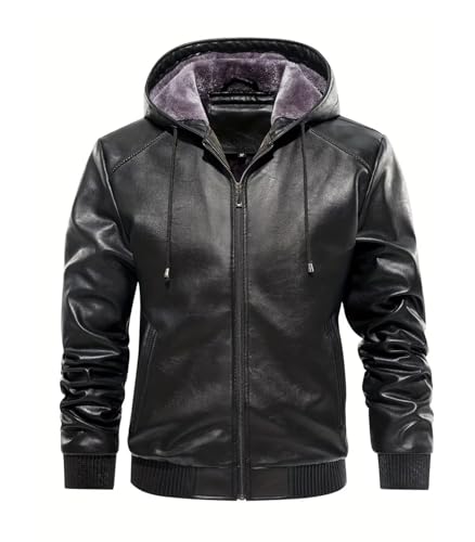 INVACHI Men’s Faux Leather Jacket Motorcycle Bomber Jacket with Hood Fleece Lined Windproof Winter Coat2