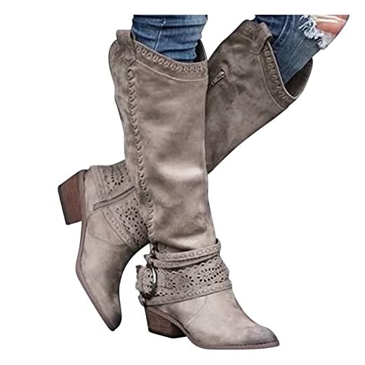 Dasongff Botas altas para moto para mujer, botas altas de goma, botas medianas para el tiempo libre europeo y americano, con hebilla, botas de vaquero con botas de caña baja