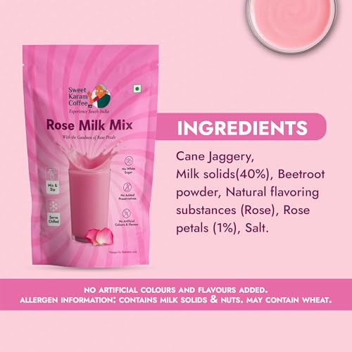 Image of Sweet Karam Coffee Instant Rose Milk Powder - 250g | No White Sugar, Articifial Colors or Preservatives | Made with Cane Jaggery & Real Rose Petals | Traditional Indian Thandai Drink Mix