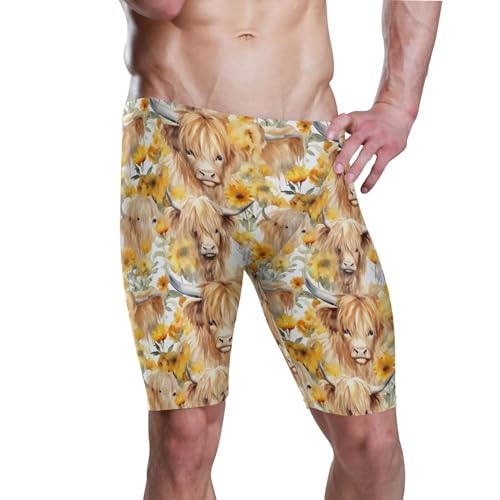 Highland Cow Sunflower Animal Men's Swimsuit Swim Jammers L B0403259