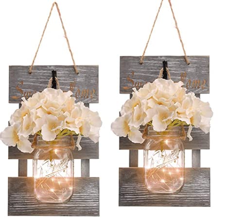 YI LIGHTING Set of 2 Rustic Wall Sconces - Mason Jars Sconce, Rustic Home Decor, with LED Fairy Lights, Flowers for Home Decoration Gift (Grey)