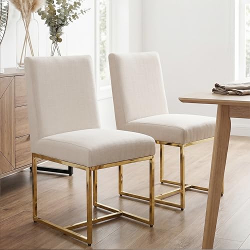 Image of HNY Modern Dining Chairs Set of 2, Upholstered Linen Dining Room Chairs with Ergonomic Back & Polished Gold Metal Frame for Home, Kitchen, Apartment, Cream