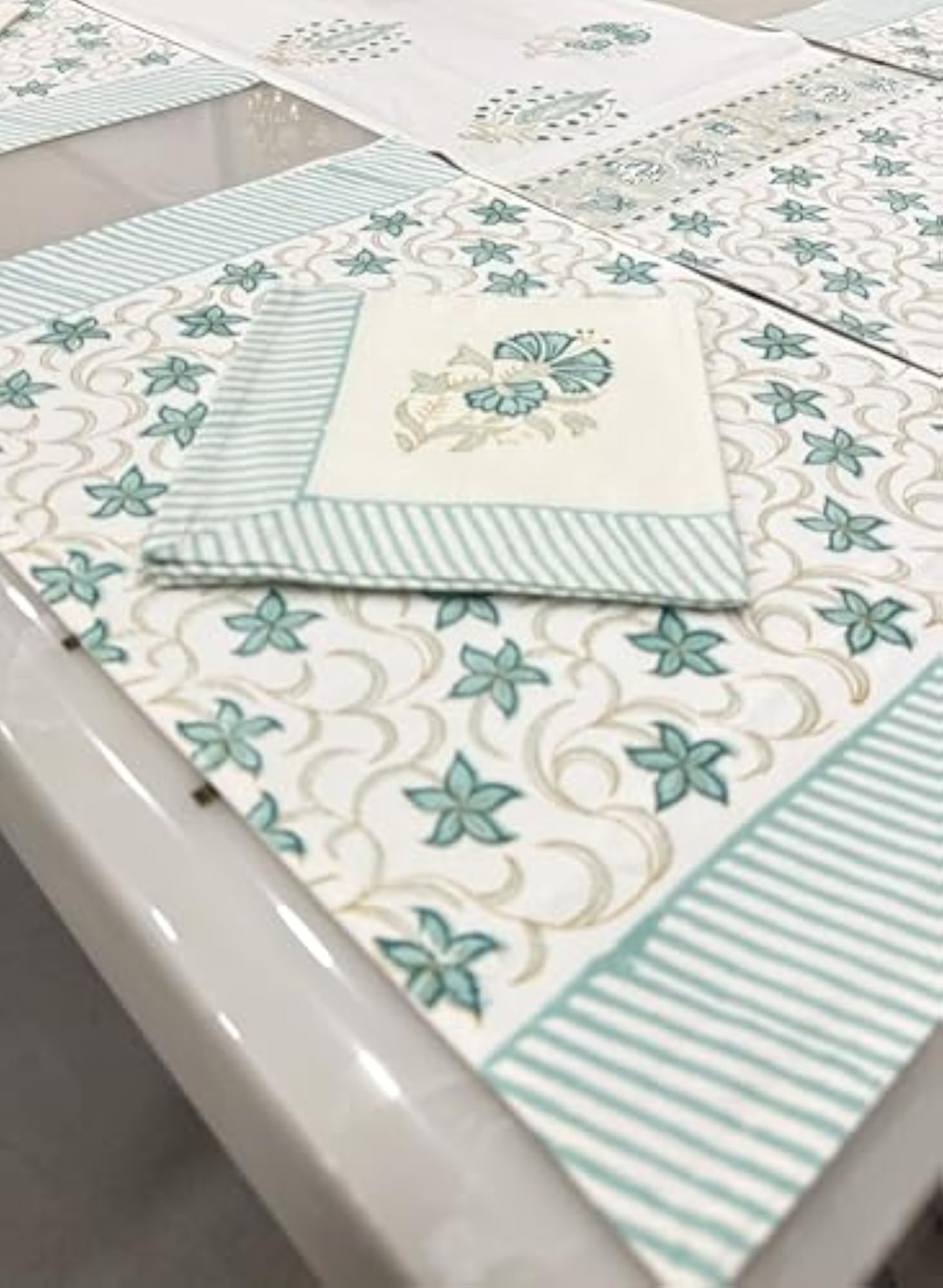 Aqua Blossom Jaipuri Handblock Table Runner Set