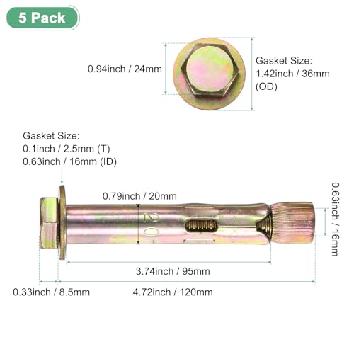 Image of M METERXITY 5-Pack Hex Expansion Bolt, M16x120mm Colored Galvanized Iron-Carbon Steel External Hex Expansion Bolts, Anti-Corrosion Metal Bolt for Concrete /Dry Brick /Block Walls