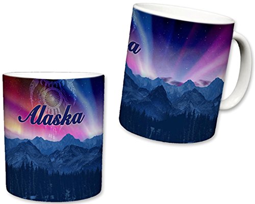Sweet Gisele | State of Alaska Inspired Mug | Ceramic Coffee Cup | Mountainous Scenery | Aurora Borealis Detailing | Faded Dreamcatcher | Vivid Colors | Great Novelty Gift | 11 Fl. Oz