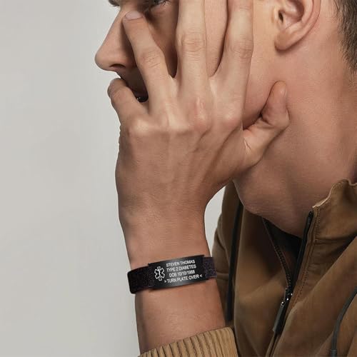 Miniatura 6 de Pulsera De Alerta Médica Personalizada, Placa De Identificación De Acero Inoxidable Grabada Con Correa Elástica Elástica, Pulsera Médica De Concienciación De Emergencia Para Diabetes, Epilepsia