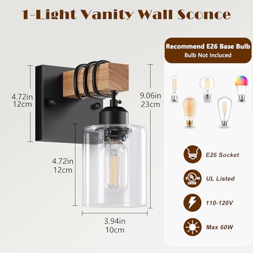 Image of Licperron Farmhouse Wall Sconces 4-Pack, Rustic Wood Vanity Light Fixtures for Bathroom, 1-Light Black Bath Wall Mount Lamp with Clear Glass Shades, Wall Lights for Living Room, Mirror, Cabinet