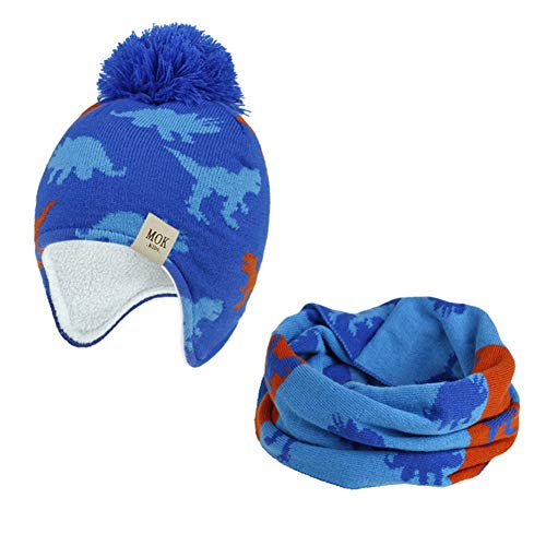 Vobony Sombrero y Bufanda Conjunto Niños Niñas Invierno Otoño Bufandas del Bebé Gorro de Punto con Pompon Forro Polar Patrón de Dinosaurio Sombrero de Lana Cuello Caliente (Azul Real, 1-3 años)