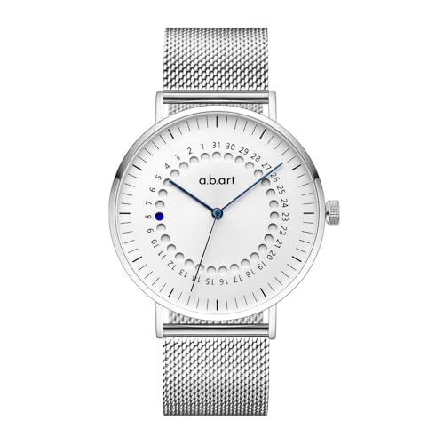 a.b.art Montre Homme Saut de Date Point Bleu Instantané – Quartz Suisse Ronda, Verre Saphir, Bracelet milanais Argent, Style Bauhaus Minimaliste, Boîtier en Acier...