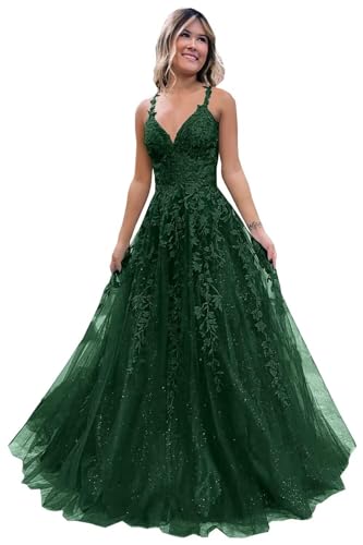 Women's Tulle Lace Appliques Sparkly Prom Dresses 2025 A Line V Neck Formal Evening Gowns