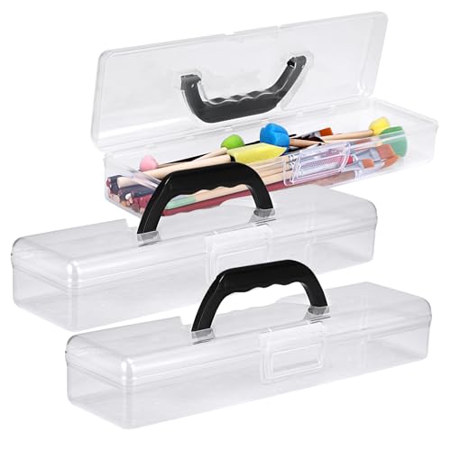 Image of BTSKY 3 Pack Clear Plastic Painting Brush Container with Black Handle, Portable Long Paintbrush Case, Drawing Tools Storage Box, Practical Art Supply Organizer for Artist Crafters, 13.2 inchx3.5 inchx2.4 inch