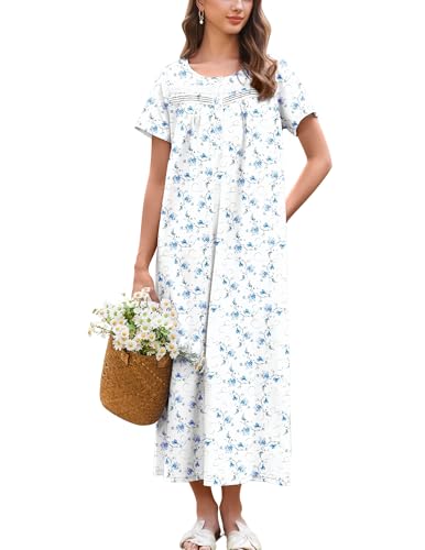 Image of Ekouaer Nightgown for Women Cotton Long Night Gown Short Sleeve Nightdress with Pockets Button Sleepshirt Soft Sleepwear