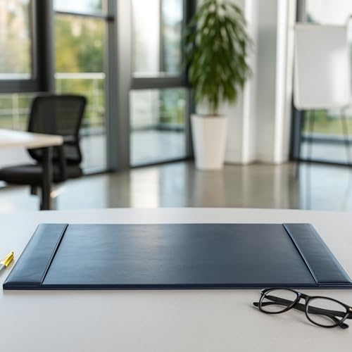 Image of Dacasso Bonded Pad with Side Rails Luxury Leather Desk Blotter for Writing, 30 x 18 (Navy Blue)