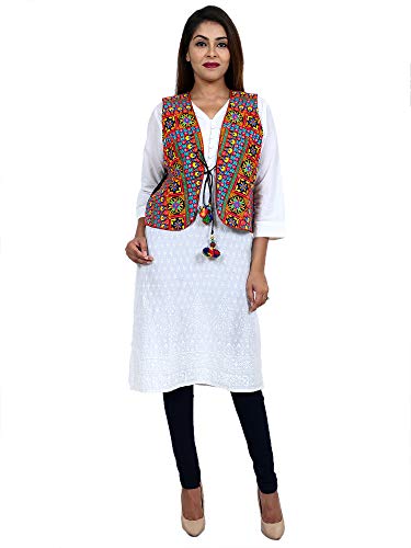 Image of Craft Trade Women's Cotton Embroidered Kutchi Jacket with Tassels Sleeveless Mirror Work