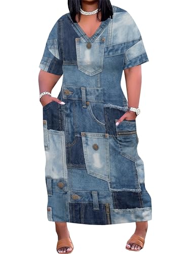 Image of SUZONANA Plus Size Denim Print Maxi Dresses for Women Casual V Neck Short Sleeve with Pockets Soft Jean Look Dress XL-6XL