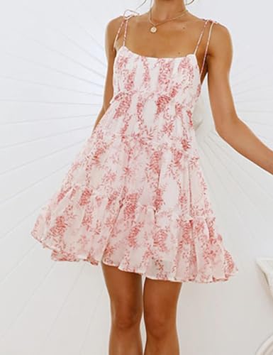 Image of Gihuo Womens Floral Mini Dress Boho Flowy Skater Spaghetti Strap Ruffle Sleeveless Beach Dress 2026 Summer Sundresses