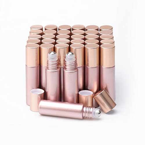 JIUWU 33 Pack 10ml Empty Refillable Small Glass Roller Bottles-Rose Gold