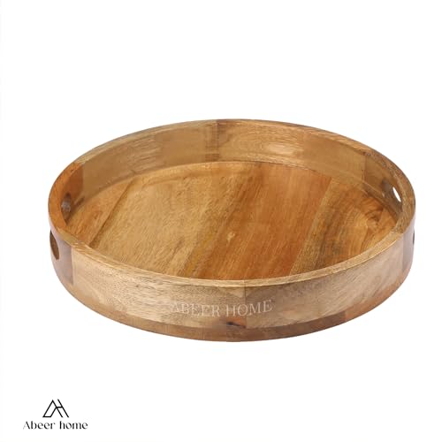 Image of Premium Wooden Round Tray, Wooden Tray, Serving Tray, Kitchen Tray, Decorative Tray,Wooden Serving Tray(12x12x2 Inch)