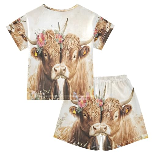 ALAZA Highland Cow Cattle in Love Flower Pajamas Set Short Sleeve Cotton Sleepwear Summer Pjs 2 Piece 5-14Y2