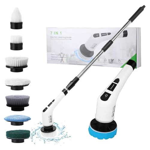 Electric Spin Scrubber with 7 Replaceable Brush Head，Shower Scrubber with Long Handle,7 in 1 Cordless Cleaning Brush，Power Shower Scrubber for Bathroom, Tub, Tile, Floor, Kitchen, Window,Black