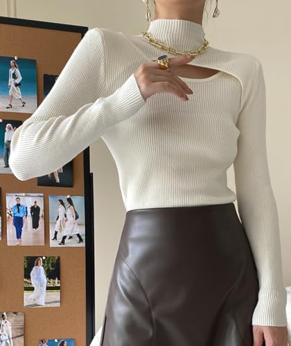 Image of Women Mock Neck Cutout Front Top Long Sleeve Light Weight Ribbed Knitting Sweater Bodycon Casual Shirt