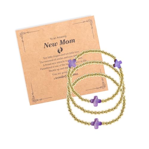 Rainbow Mom Cross Stack Bracelets Set for Women, 3Pcs Handmade Gold Beaded Stretch Bracelet Everyday Fashion Jewelry Gift.