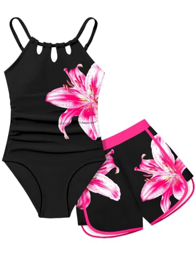 Image of KANGKANG Girls Swimsuit Quick Dry Cut Out One Piece Swimsuits with Tropical Print Cover Up Skirt Bathing Suit Swimwear 7-18Y