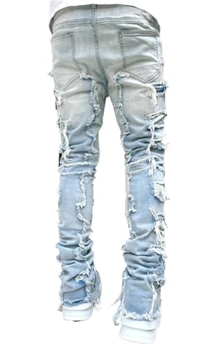 Mens Stacked Jeans Slim Fit Ripped Destroyed Straight Leg Denim Pants for Harajuku or Hip Hop Streetwear4