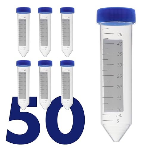 Image of Kashi Scientific 50mL Screw-Cap Conical Centrifuge Tubes, Sterile Transparent Test Tubes with Printed Graduation and Write-on Spot [50mL, 50]
