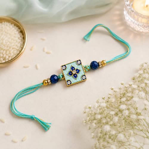 Image of JAIPUR ACE Elegant Blue BRO Designer Rakhi Gift Set with Greeting Card and Roli Chawal Pouch, Premium Brother Rakhi Bracelet, Festive Raksha Bandhan Gift for Brother, Traditional
