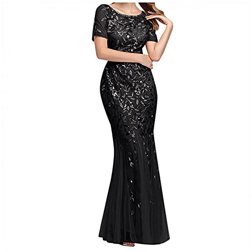 Women s Elegant Evening Dress Leaves Sequin Tulle Floor Length Mermaid Dress Feminine Formal Maxi Dress Black