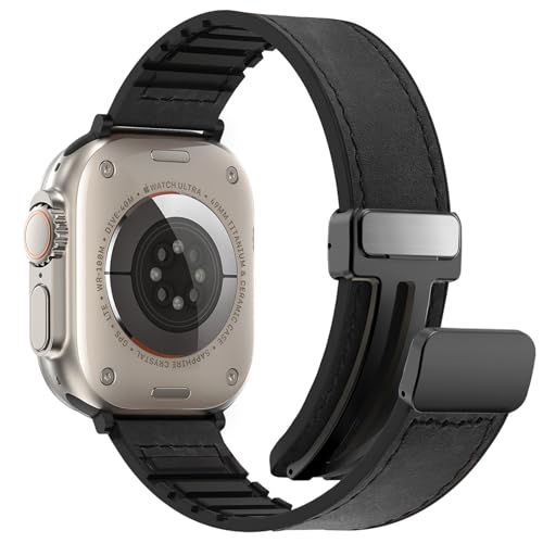 Magnetic Leather Band Compatible with Apple Watch Series 9 41mm 45mm/ Ultra2 49mm for Men Women, Soft Silicone Patchwork Leather Strap Replacement for Apple Watch Ultra Series 8/7/6/5/4/3/2/1/SE/SE2