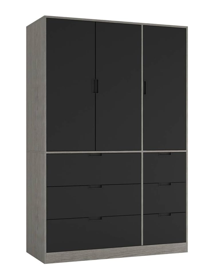 URBNLIVING 3-Door Wardrobe with 6 Drawers – Customisable Two-Tone Storage Unit - Cedar Grey Unit & Black Doors & Drawers