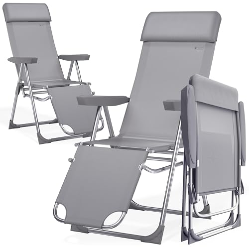 Casaria® Gartenstuhl mit Fußteil 2er Set 6fach Verstellbar Liegefunktion Alu Faltbar Klappbar Hohe Rückenlehne Campingstuhl Klappstuhl Hochlehner Grau