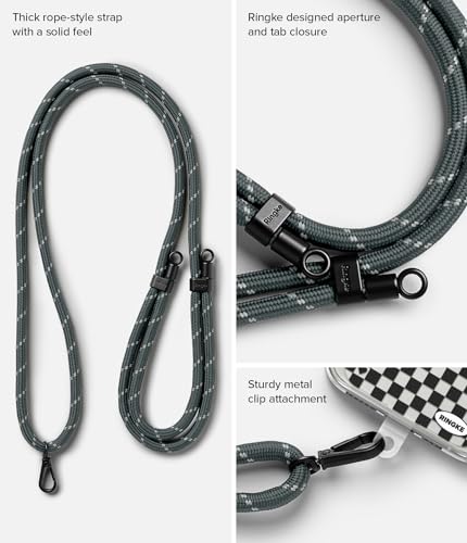 Image of Ringke Holder Link Strap with Graphic Design TPU Tag, Adjustable Crossbody Polyester Rope Lanyard Compatible with Universal Smartphone Case - Checkerboard Black