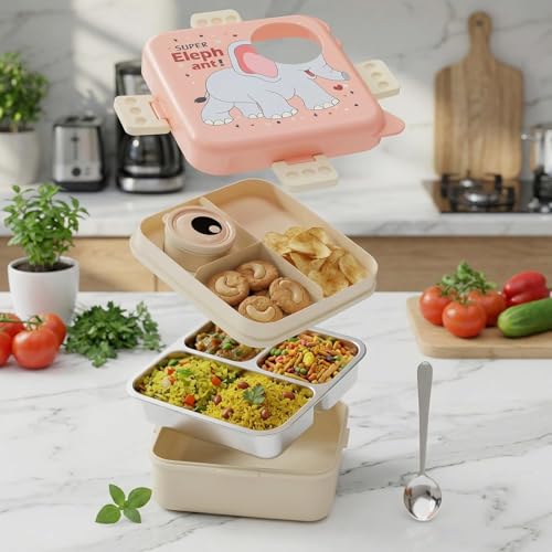 Image of TEKCOOL Kids Lunch Box for School, Stainless Steel Insulated Tiffin Box with Spoon, Leak Proof 3 Compartments Bento Box, BPA Free Food Grade Lunch Box for Kids, 1120 ml + 70 ml (Pink, Super Elephant);