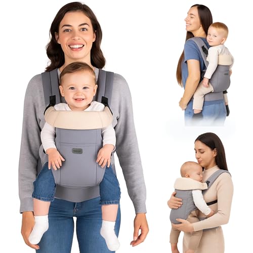AIEBAO Mochila Carregador Bolsa Para Bebê, 03 Modos de Uso, Apoio Lombar, Suporte de Cabeça, Bolso Frontal, Até 24 Meses, Suporta 25kg, Acolchoado, Fivelas Ajustáveis, Tecido, Cinza.